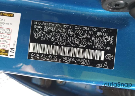 2010 Toyota Corolla Le из США, поврежденный, VIN JTDBU4EE7AJ073645